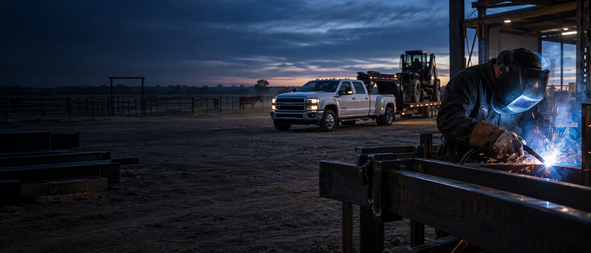 Welder at work near a heavy-duty hauling truck