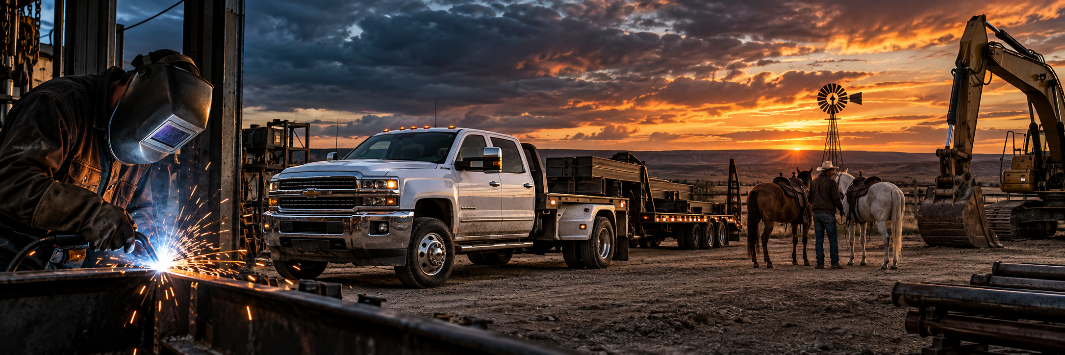 Texas worksite with white dually truck, horses, and excavation equipment