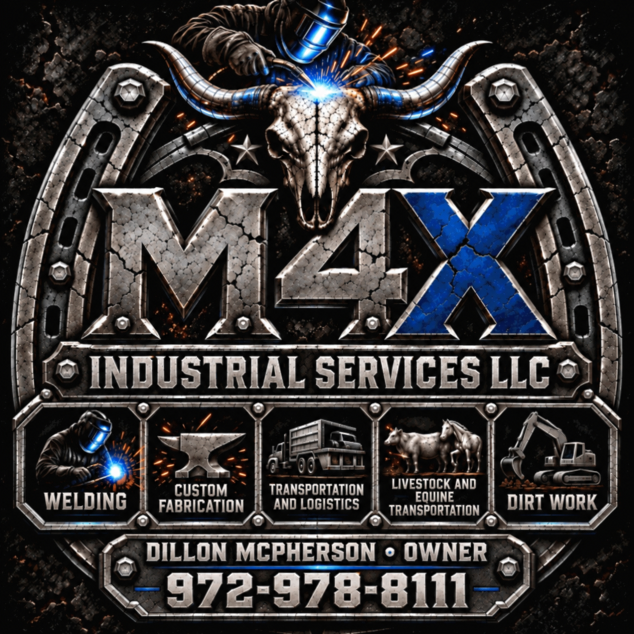 M4X Industrial Services LLC logo with a welder working on a bull skull